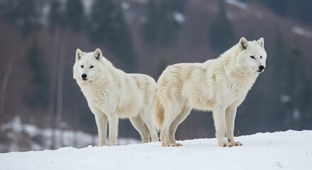Obraz premium Two white wolves stand sidebyside in a snowy field with a blurred wooded backdrop