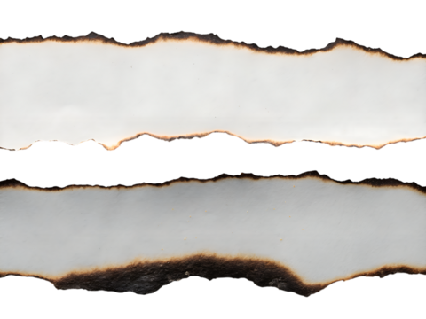 Two torn paper edges with burnt effect isolated on transparent background