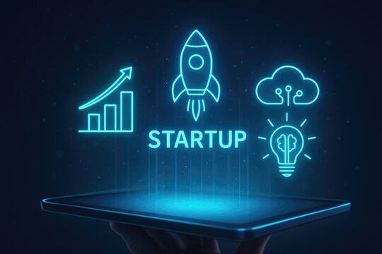 Hand holding a tablet displaying glowing neon icons for startup, growth, rocket, and cloud business launch - Powered by Adobe