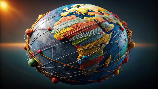 Creative globe wrapped with colorful threads symbolic global connection unity community international cooperation concept design abstract artwork  