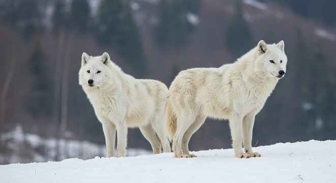 Two white wolves stand sidebyside in a snowy field with a blurred wooded backdrop
