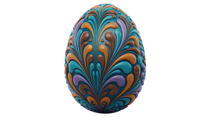 Intricately decorated egg with vibrant swirling floral patterns in teal, purple, orange
