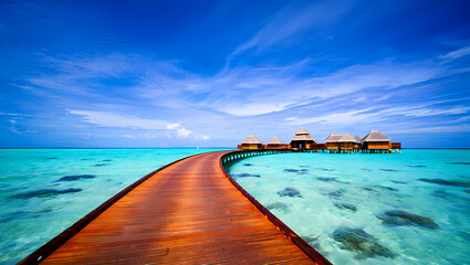 Scenic view of a wooden bridge leading to overwater bungalows in the maldives, with turquoise water and a clear blue sky, perfect for vacation