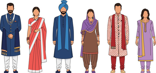 Indian traditional clothing illustration, cultural ethnic wear for men and women, wedding fashion, festive outfits, Punjabi, South Asian attire