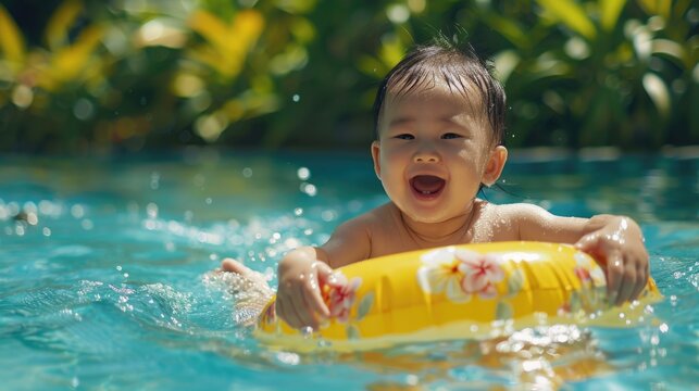 Happy Summer Holiday, Kids playing in a swimming pool, happy, excited, Children having fun in the pool.