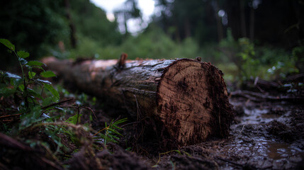 Fototapeta premium Fallen log on wet forest floor showing cut end surrounded by dark damp vegetation
