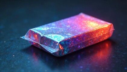 Futuristic bioplastic packaging, shimmering with an iridescent sheen, sits on a sleek, dark surface Sustainable design, innovative material, eco-friendly future , environment, iridescent, future