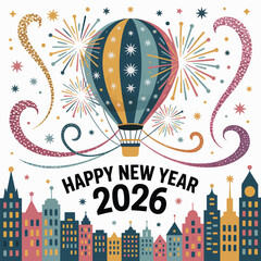 Obraz premium Happy New Year 2026 hot air balloon fireworks and city skyline illustration celebration