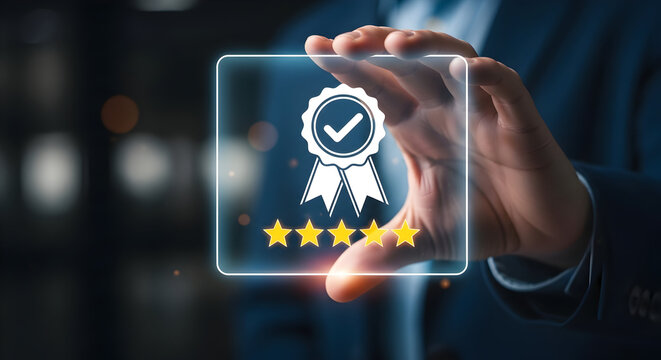 Businessman holding a holographic quality assurance certificate with five stars, signifying top quality and excellent service.