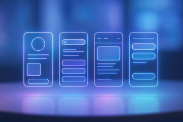 Multiple neon wireframe mobile app screens arranged in a row on a blurred background interface