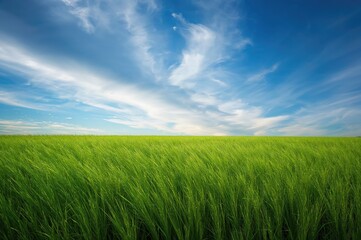 Fototapeta premium Colorful spring or summer nature scene featuring lush grass and a beautiful sky.