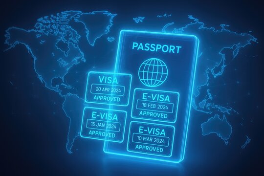 Neon blue passport with multiple e-visa stamps and world map background travel international - Powered by Adobe