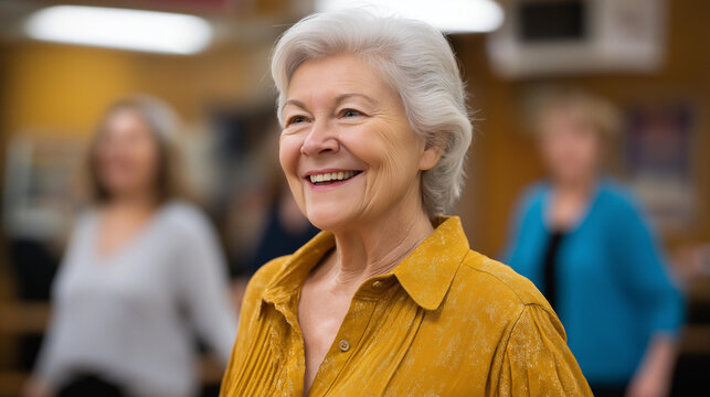 A senior woman gracefully performing in a tap dance class her shoes clicking rhythmically elderly dancers in sync a cozy studio with vintage posters senior tap dance rhythmic - Powered by Adobe