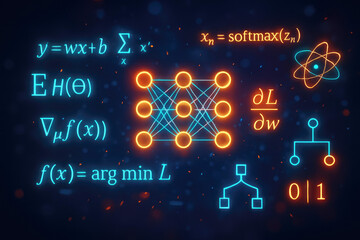 Neon Glow of Mathematical Formulas and Neural Network Diagram on Dark Background mathematics science