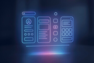 Neon wireframe user interface elements and app screens on a dark background