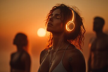 Immersed woman with glowing headphones at outdoor fitness class, mindful workout with music at sunrise.