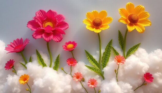 Fototapeta Colorful flowers blooming amidst fluffy clouds with a bright sky