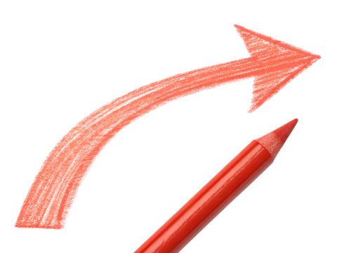 Red pencil drawing a curved arrow pointing upwards, isolated on transparent background