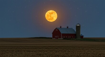 Fototapeta premium Peaceful Farmland Scene Featuring Glowing Moon, Autumn Field, and Traditional Barn