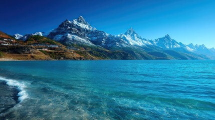 Obraz premium Turquoise water meeting snow-capped mountains under a bright blue sky, hills, and fall-colored trees