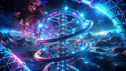 Futuristic cosmic dna structure glowing in neon light biotechnology science research futuristic genetic abstract design illustration medical artwork