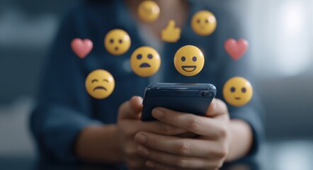 Close-up shot of hands holding a smartphone surrounded by floating emoji icons against a blurred background
