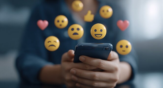 Close-up shot of hands holding a smartphone surrounded by floating emoji icons against a blurred background
