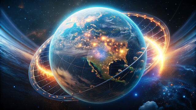 Futuristic globe in cosmic light with dna strands symbolic science biotechnology genetic research concept digital abstract illustration futuristic art  