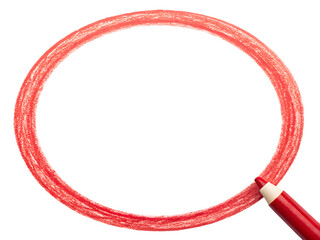 Red crayon drawing an oval shape on a transparent background with a crayon tip visible