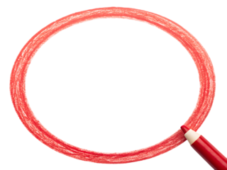 Red crayon drawing an oval shape on a transparent background with a crayon tip visible