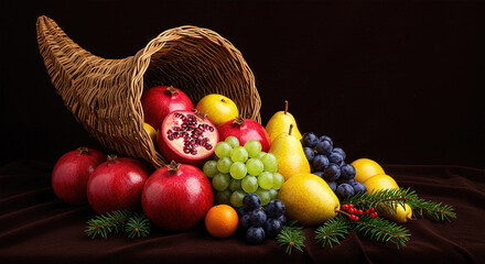 Woven Horn of Plenty Overflowing with Colorful Fruits and Evergreen Sprigs – Festive Fall Display of Natural Richness