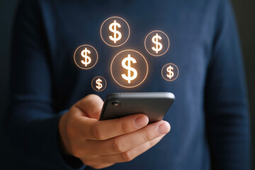 Person holding smartphone with multiple glowing dollar signs floating around money finance