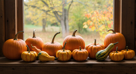 Pumpkins and Gourds on Wooden Windowsill Framed by Autumn Trees – Seasonal Harvest Display