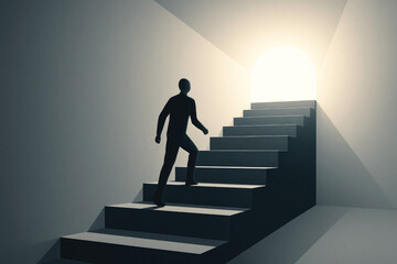 Silhouette of a person climbing stairs towards a bright light at the top of the staircase male