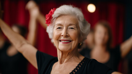 A senior woman enthusiastically participating in a lively tango class her rose in hair bouncing elderly dancers in elegant black attire a dimly lit studio with red curtains sen