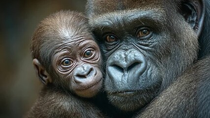 A tender moment is captured, showcasing a close-up of a gorilla and its infant, both displaying a profound connection through their shared gaze and gentle proximity. - Powered by Adobe