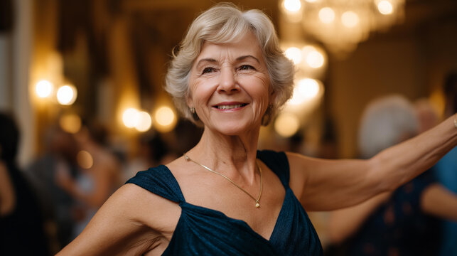A cheerful senior woman twirling in a ballroom dance class her elegant dress flowing partnered with another elderly dancer chandeliers glowing above a polished wooden floor sen
