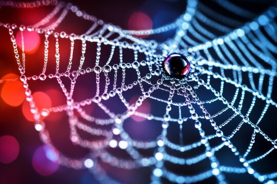 Web of water droplets shimmering in colorful light at dawn