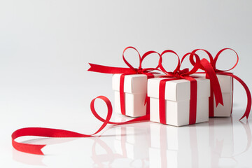Three festive white gift boxes with red ribbon