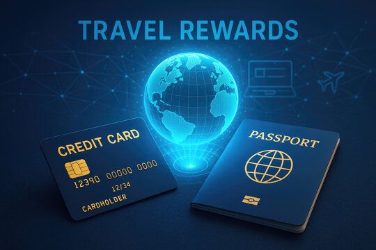 Travel rewards concept with credit card passport and glowing earth on dark background image photo