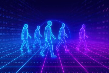 Wireframe figures of people walking in a digital tunnel with binary code and neon grid technology future