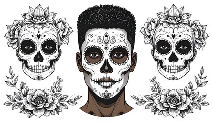 An illustration of a man with stylized face paint in a Day of the Dead theme. Flanking the man are two skull-faced floral wreaths and additional floral design elements