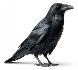 Fototapeta premium Raven with glossy black plumage, standing on ground, isolated on white. Detailed feathers visible under studio lighting
