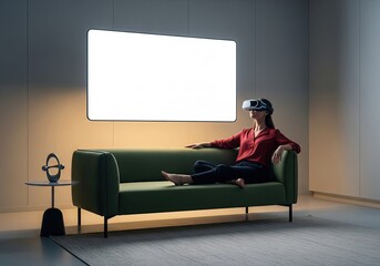 VR Headset Mockup with Woman Sitting on Sofa Watching Blank Screen
