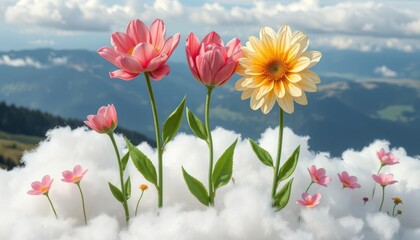 Colorful spring flowers blooming above clouds with scenic sky