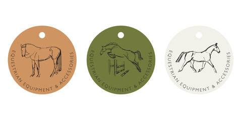 Sketchy horse drawings, tag design concept for equestrian products and equipment