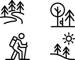 Outdoor icons, hiking, nature, forest, scenic trail, trees, backpack, recreation, camping, linear symbols, park, exploration, activity, wilderness, monoline, pictograms