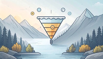 A stylized funnel graphic over a serene mountain lake scene