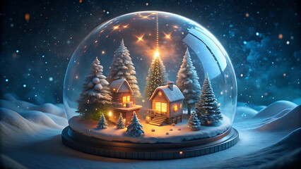 Magical snow globe with glowing christmas tree inside vector illustration on white background  