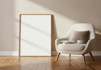 Fototapeta premium Cozy Interior Mockup with Blank Wooden Frame and Armchair